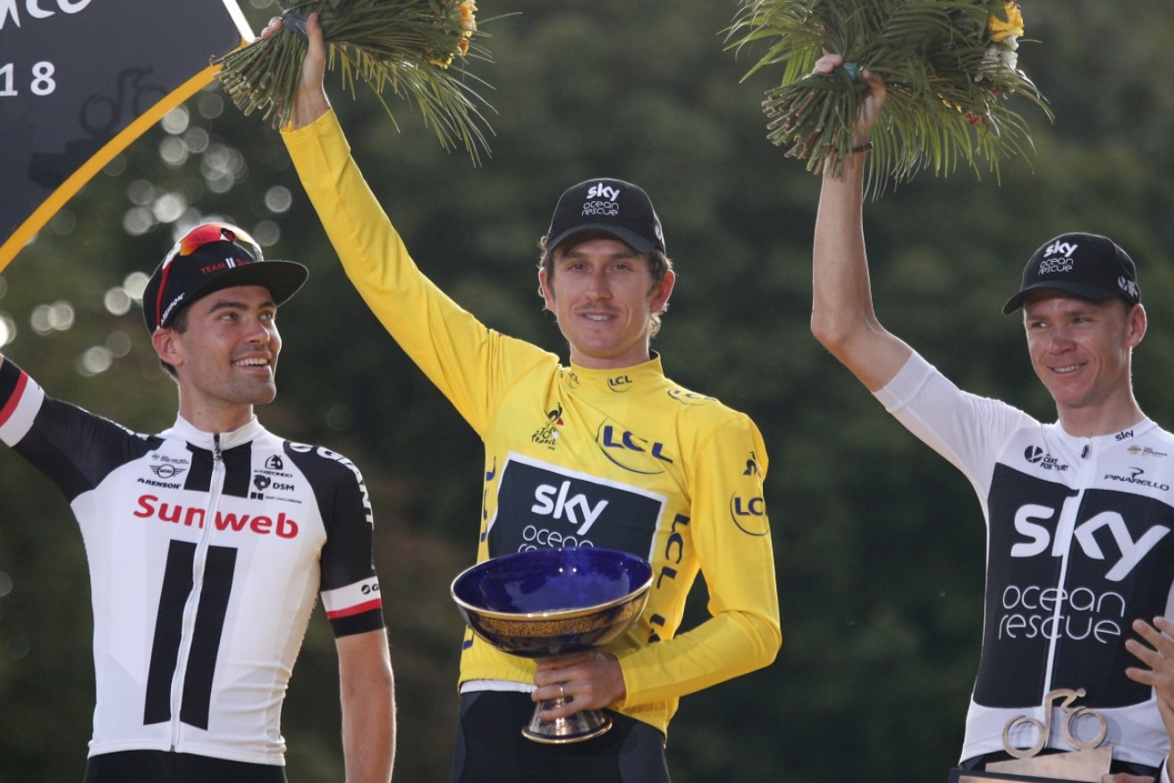 The Tour de France trophy held by Geraint Thomas - flanked by  Tom Dumoulin and Chris Froome - has been stolen. 