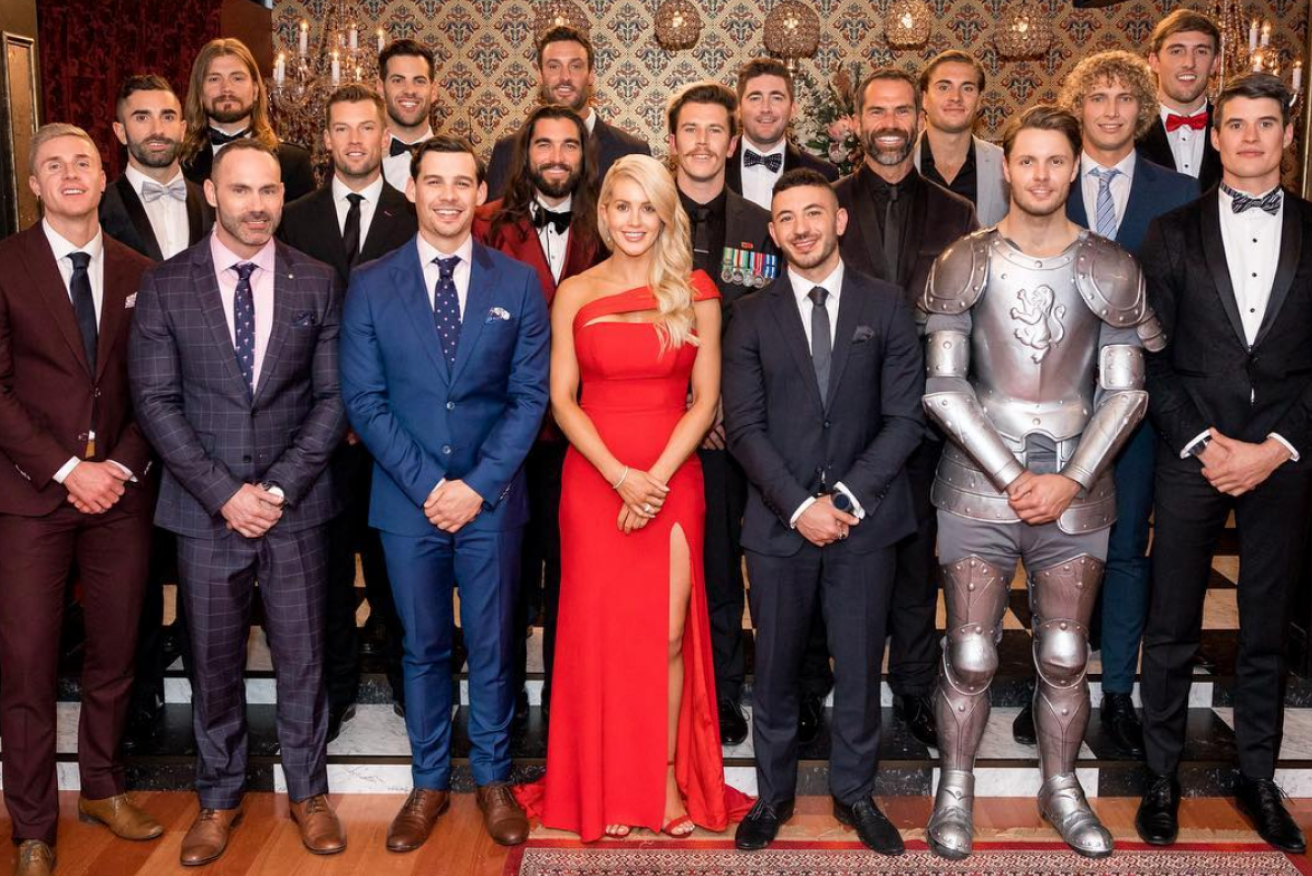 Ali Oetjen, the sweet man in the suit of armour and the rest of her posse on Ten's 2018's <i>The Bachelorette</i>.