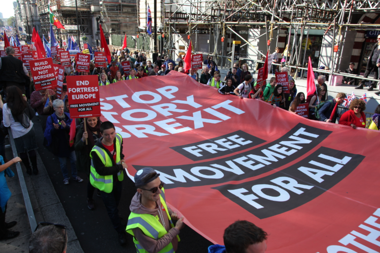 Brexit foes display a huge banner demanding an open-borders policy - and a new Brexit vote.