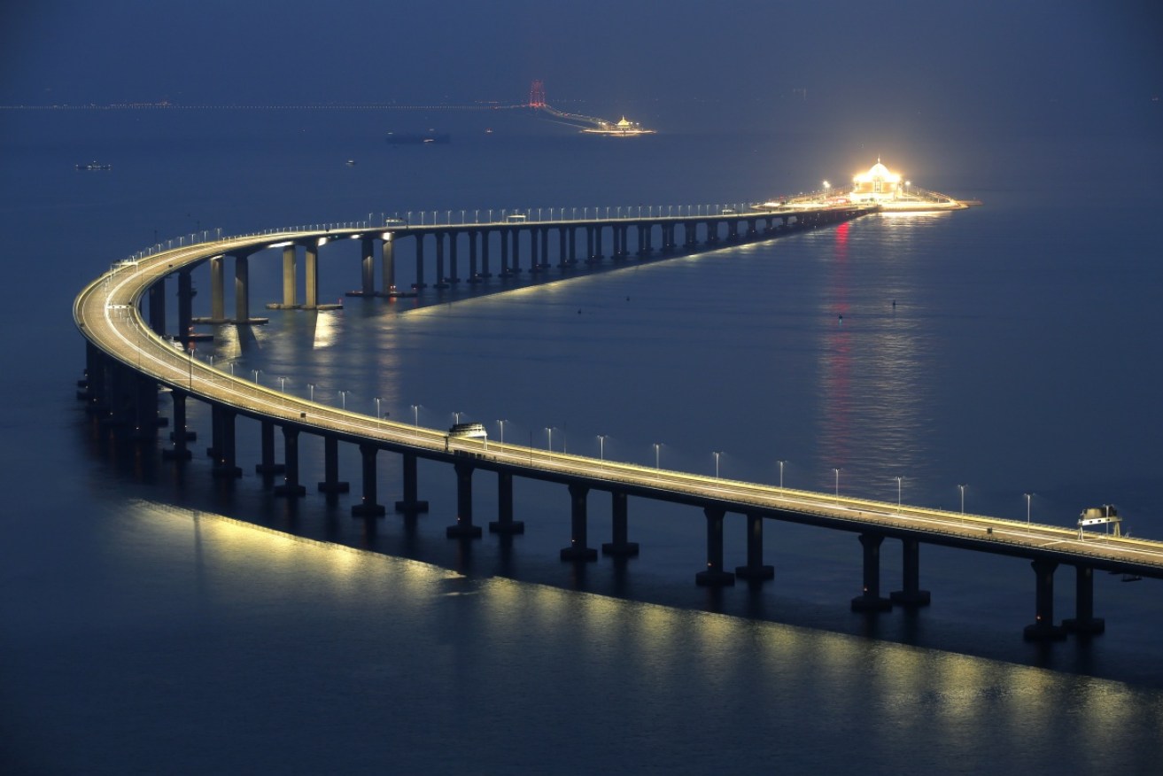 The Hong Kong-Zhuhai-Macau Bridge lit up ahead of its official opening on Wednesday.