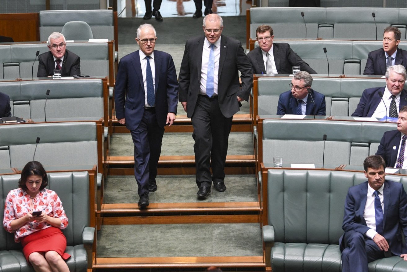 Scott Morrison is pictured with his predecessor the day then-Prime Minister Malcolm Turnbull was toppled.
