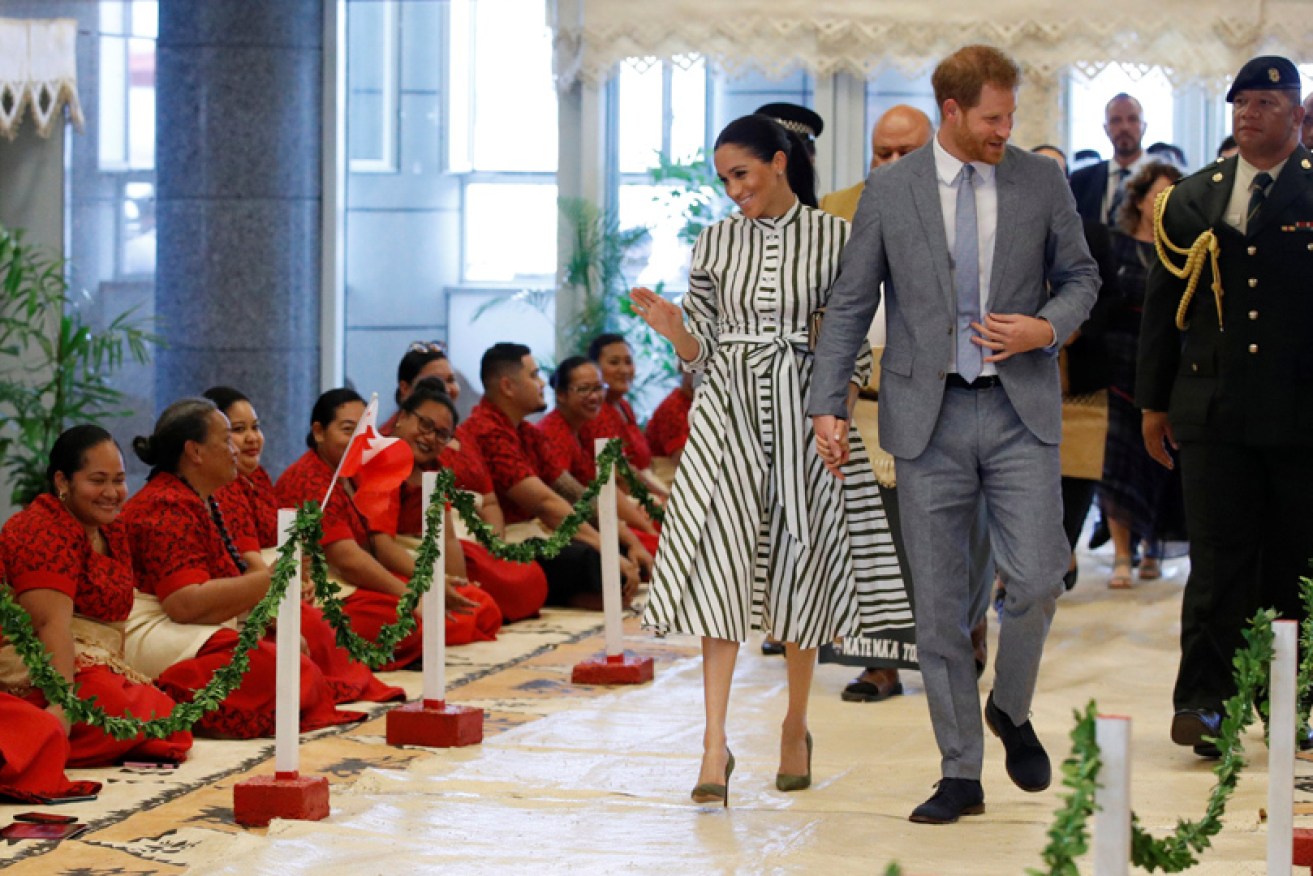The Duke and Duchess of Sussex at St George's Government building on October 26 in Nuku'alofa, Tonga.