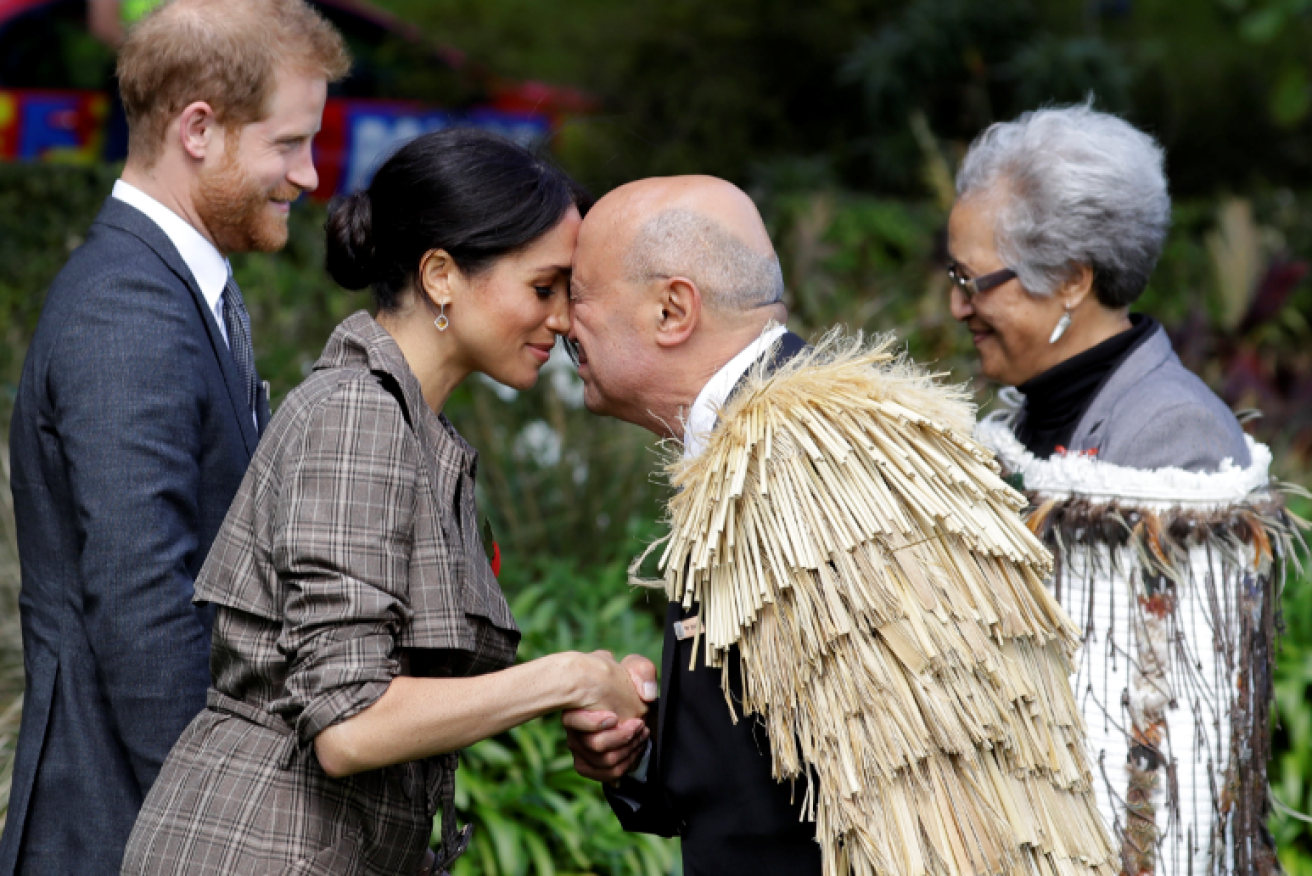 Meghan gets a traditional Maori welcome at New Zealand's Government House in Wellington.