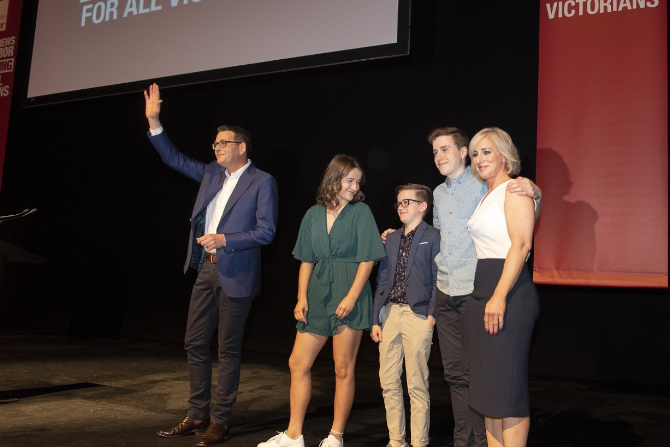 Premier Daniel Andrews is pictured with his family at Labor's Victoria election campaign launch on Sunday.