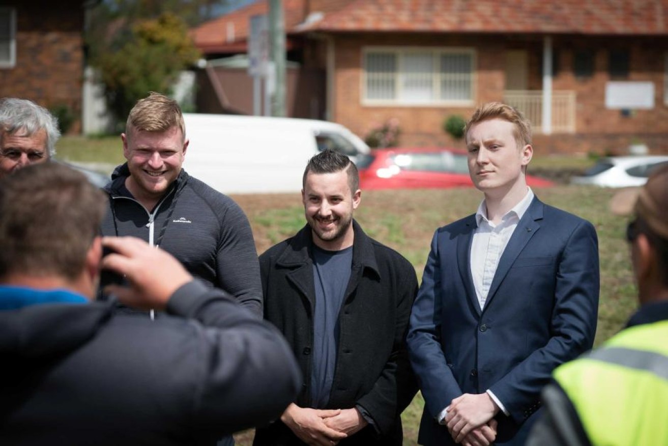 Far-right figure Blair Cottrell (left) and Oscar Tuckfield (right) at a rally organised by Cottrell's lawyer.