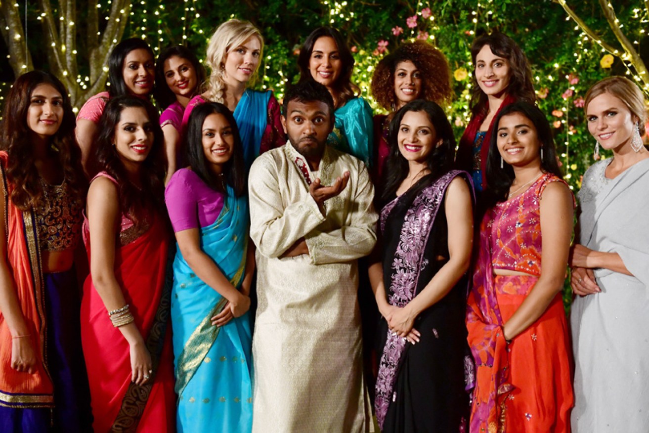Nazeem Hussain with his posse of ladies on his show's <i>Indian Bachelor</i> skit.