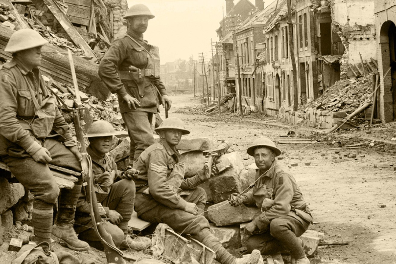 Members of the 54th Australian Infantry Battalion in Peronne near Montbrehain on October 2.