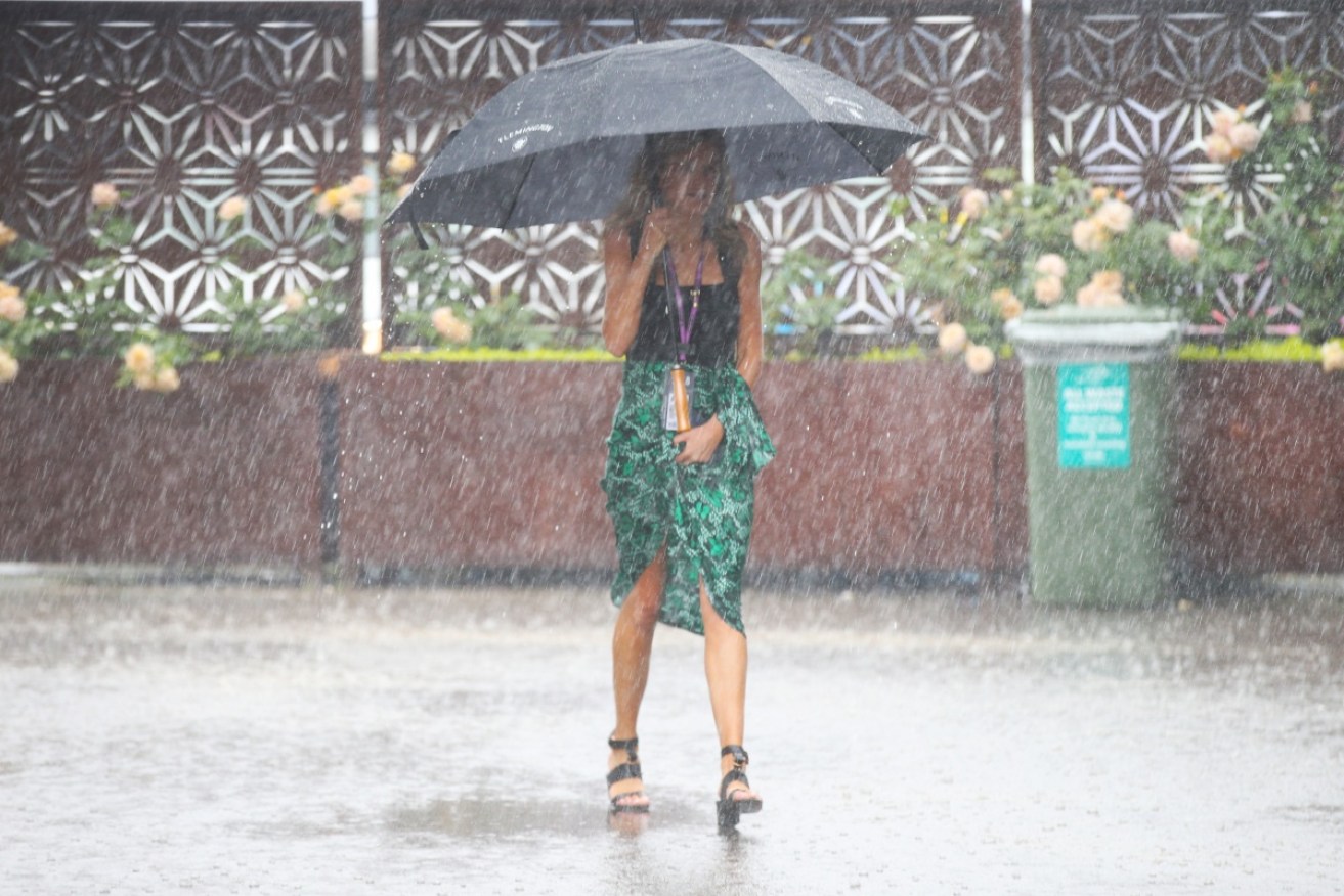 The race that soaks a nation: racegoers weathered the early storm until the sun broke through about noon.
