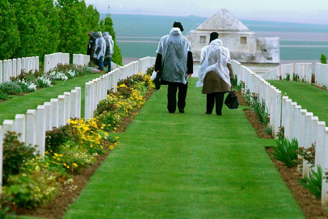 Visitors at the Australia-New Zealand military cemetery in Villers-Bretonneux, northern France.