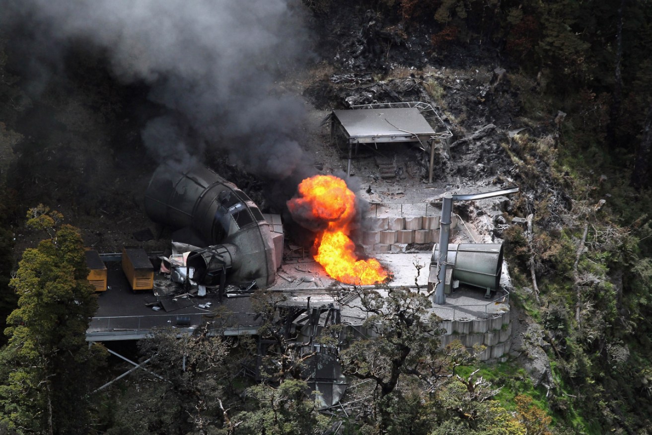 Flames burn out of control from a ventilation shaft at the Pike River Mine on November 30, 2010. 
