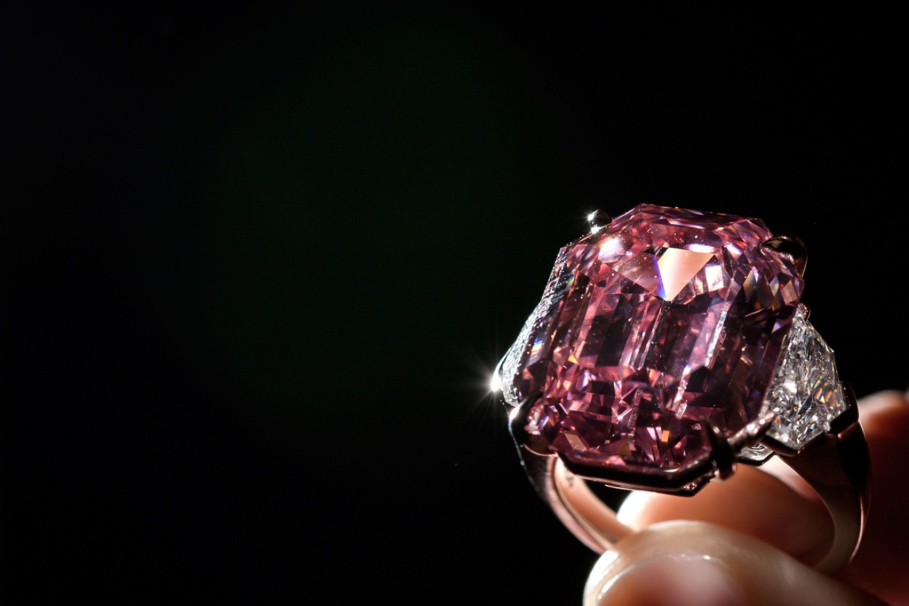 The Pink Legacy, a 18.96 carat fancy vivid pink diamond, after its sale at Christie's auction house in Geneva. 