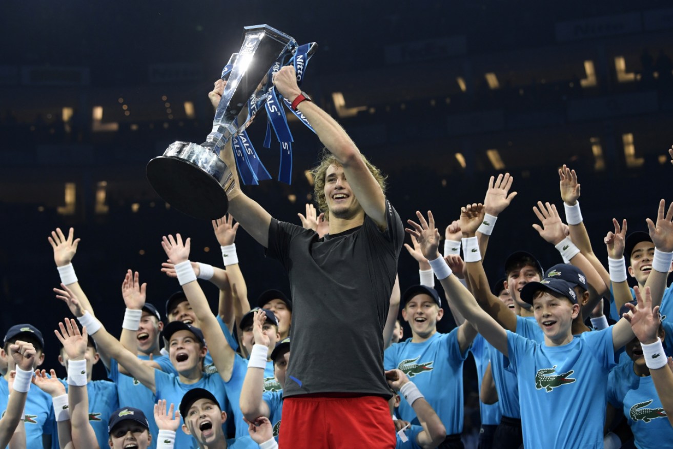 German Alexander Zverev celebrates his ATP Finals title win in London.