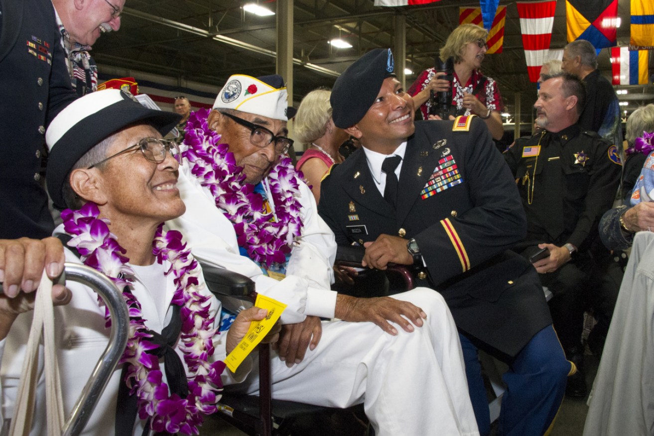 Ray Chavez (centre) at a Pearl Harbor 75th anniversary commemoration in Hawaii in December 2016.  