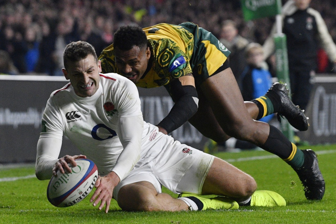 England's Jonny May scores a try which was eventually disallowed during the Twickenham Test.