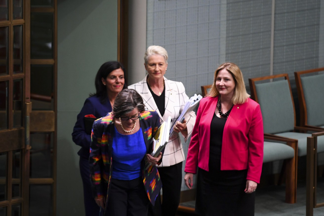 Julia Banks (back left) with fellow independents at the start of question time on Tuesday.