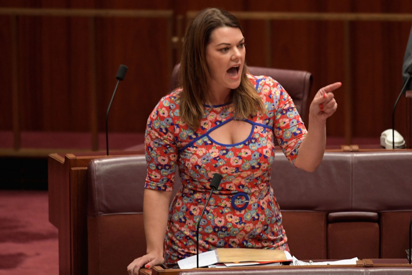 Senator Sarah Hanson-Young responds angrily to Senator Barry O'Sullivan after his comments in the Senate on Tuesday. 