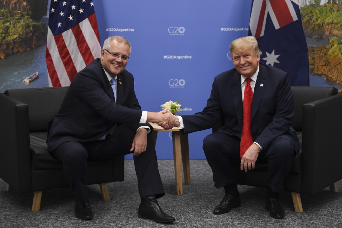 Mr Morrison shakes hands with Mr Trump at the G20 summit in Buenos Aires. 