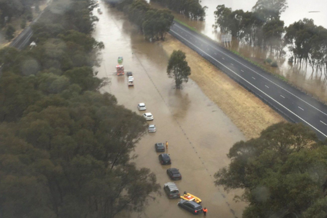 The flooded Hume Freeway, near Wodonga, on Thursday afternoon.