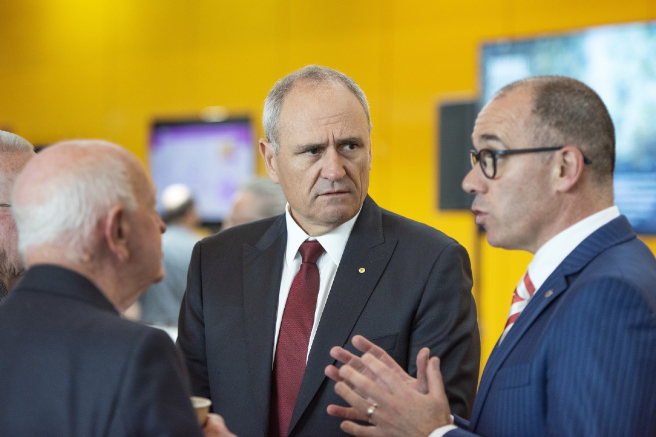 NAB chairman Ken Henry (centre) and CEO Andrew Thorburn (right) at Wednesday's NAB annual meeting.