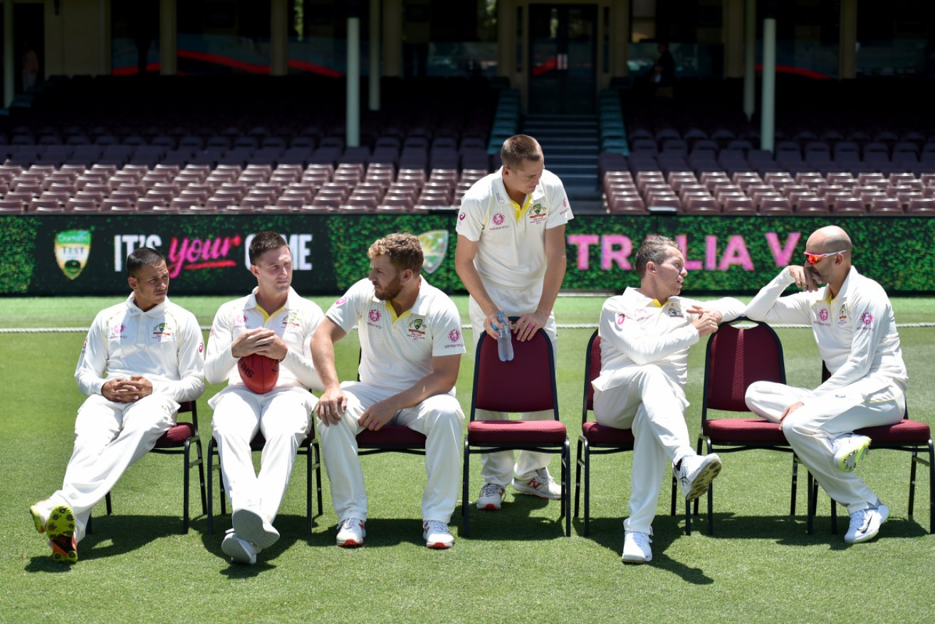 Australia's cricket players Usman Khawaja, Shaun Marsh, Aaron Finch, Marnus Labuschagne, Peter Siddle and Nathan Lyon before a training session at the SCG on Wednesday.