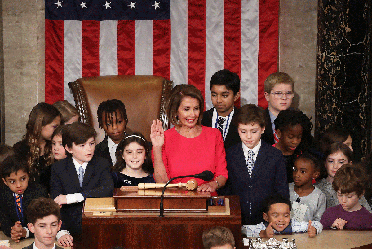 Ms Pelosi begins a second term as speaker as the Democrats take control of the House of Representatives.