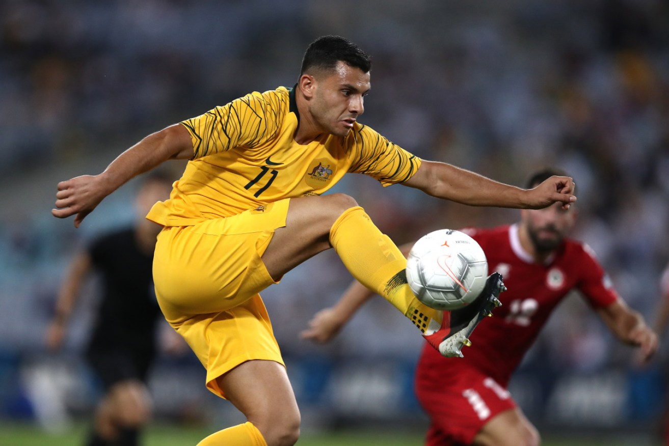 Socceroo Andrew Nabbout in action against Lebanon in 2018.