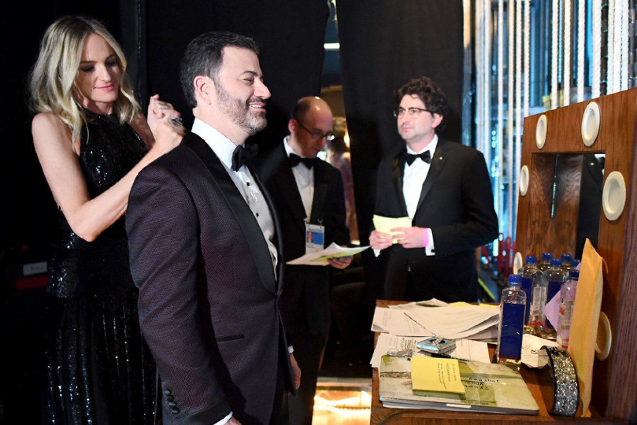 2018 Oscars host Jimmy Kimmel preps backstage with wife Molly McNearney.