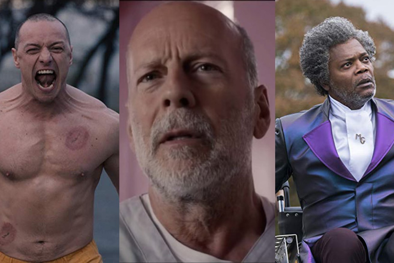 James McAvoy, Bruce Willis and Samuel L Jackson in <i>Glass</i>. 