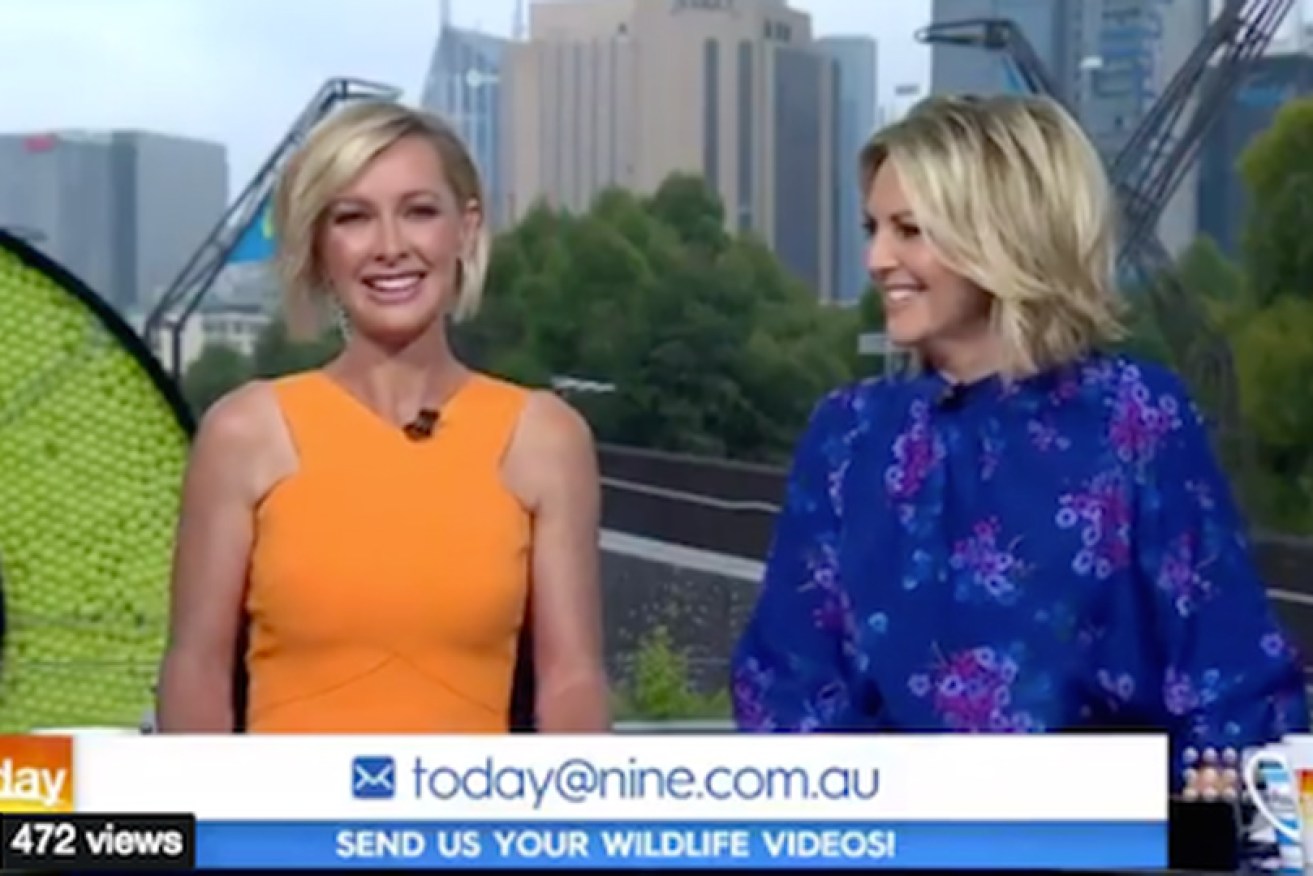 Deb Knight (left) and Georgie Gardner laugh about a giant lizard on <i>Today</i> on Tuesday.
