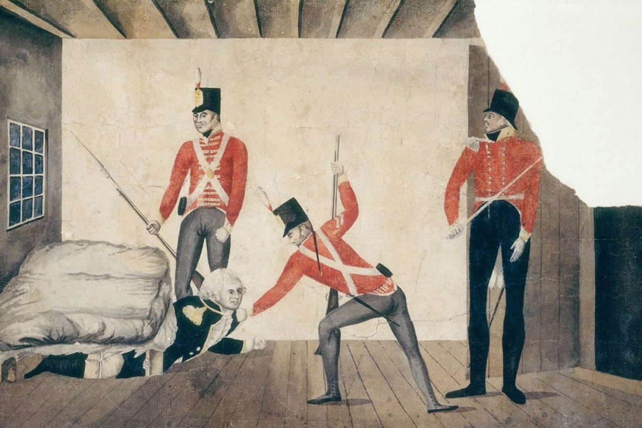 A depiction of the arrest of Governor Bligh during the Rum Rebellion