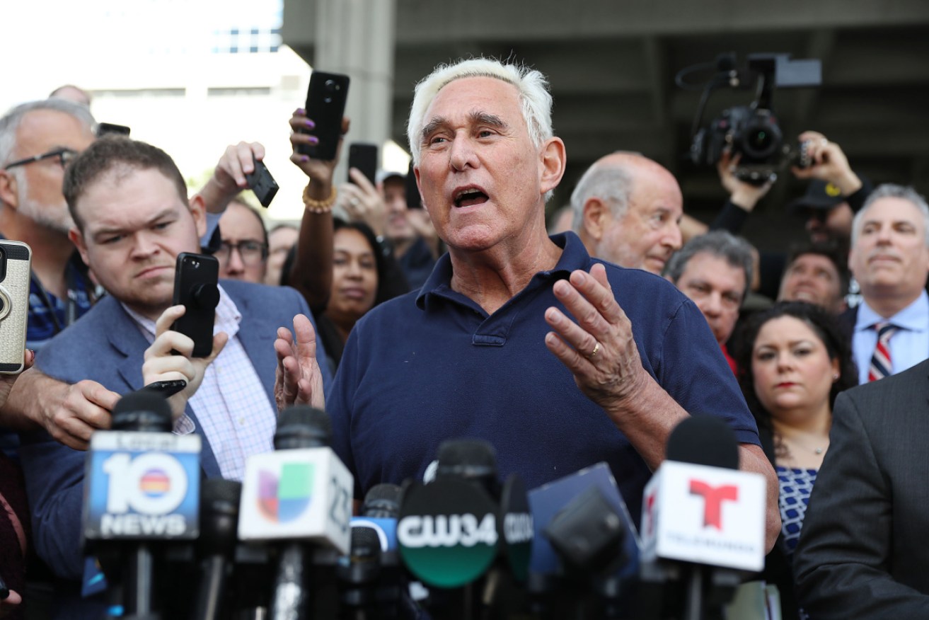 Roger Stone leaving a Fort Lauderdale court house on Friday after being charged by the Mueller investigation. Image: Getty