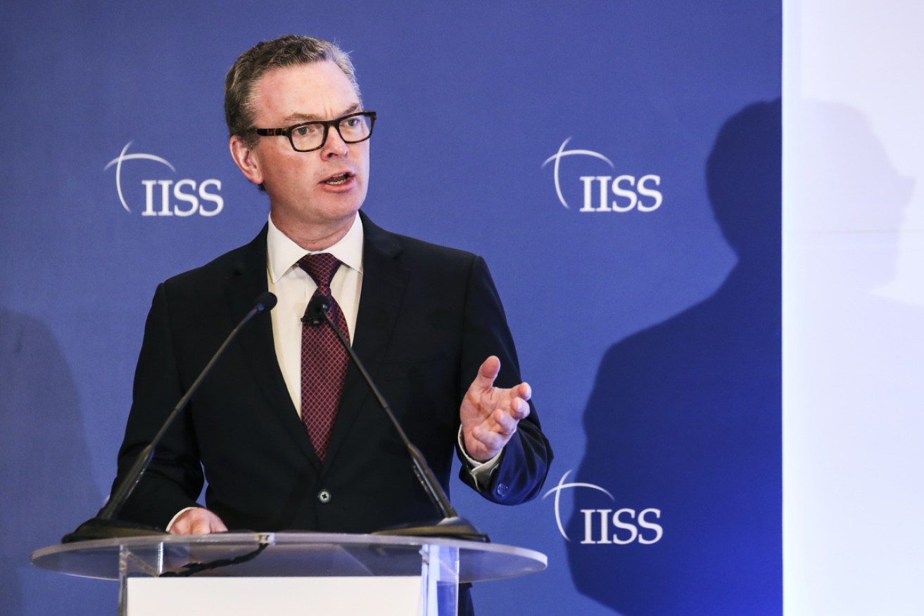 Defence Minister Christopher Pyne delivers his address in Singapore on Monday. 
