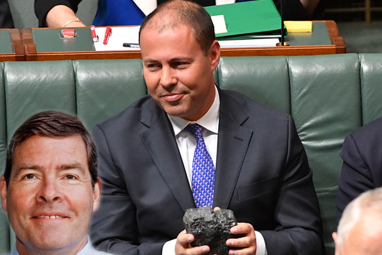 Then environment minister Josh Frydenberg with a lump of coal in 2017, which Oliver Yates, inset, took great offence to.