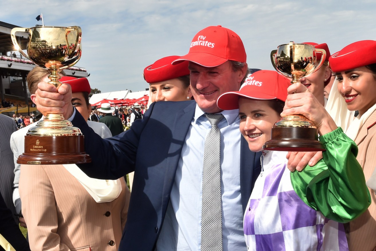 Winning trainer Darren Weir with jockey (now trainer) Michelle Payne after the 2015 Melbourne Cup. 