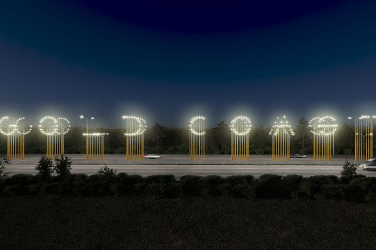 An artist's impression of how the Gold Coast light installation might look from alongside the motorway.
