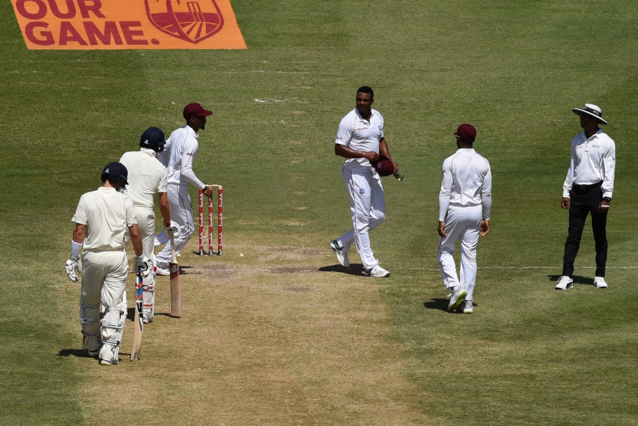 Shannon Gabriel exchanges words with Joe Root and Joe Denly on day three of the Third Test.