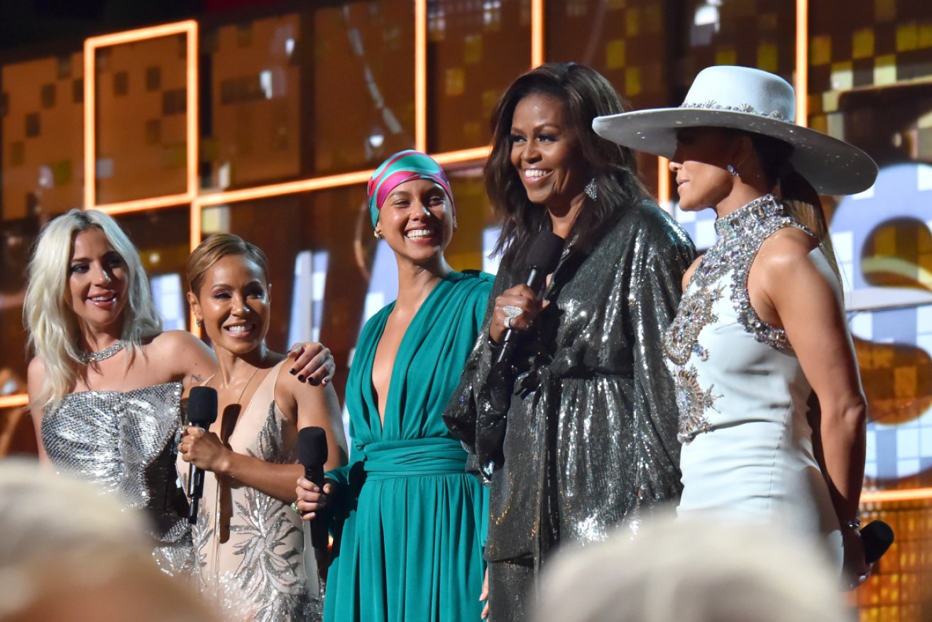  (L-R) Lady Gaga, Jada Pinkett Smith, Alicia Keys, Michelle Obama and Jennifer Lopez onstage during the 61st Annual GRAMMY Awards.