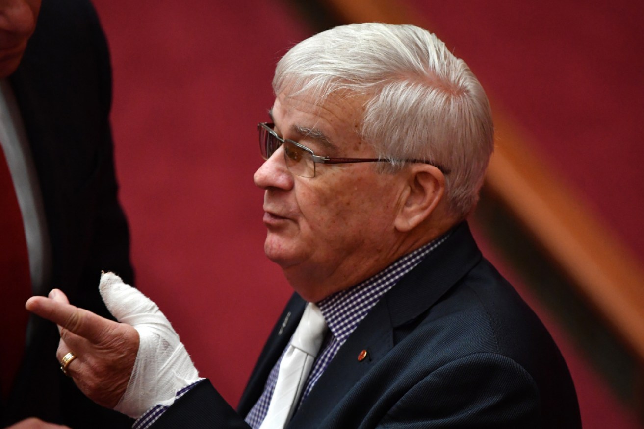 Senator Brian Burston is pictured with his hand bandaged in Parliament on Thursday.