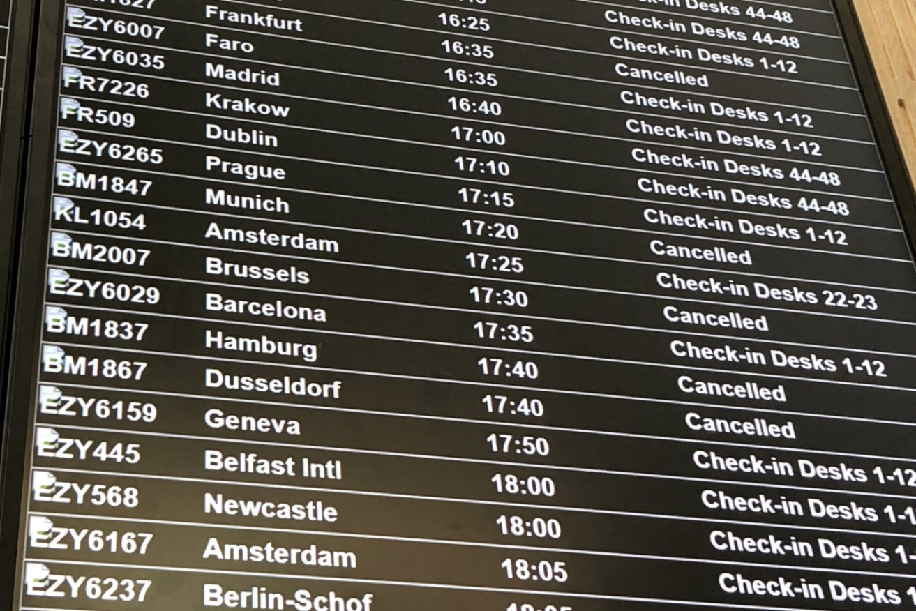 A departure board at Bristol Airport showing Flybmi flights cancelled following the collapse of the airline. 