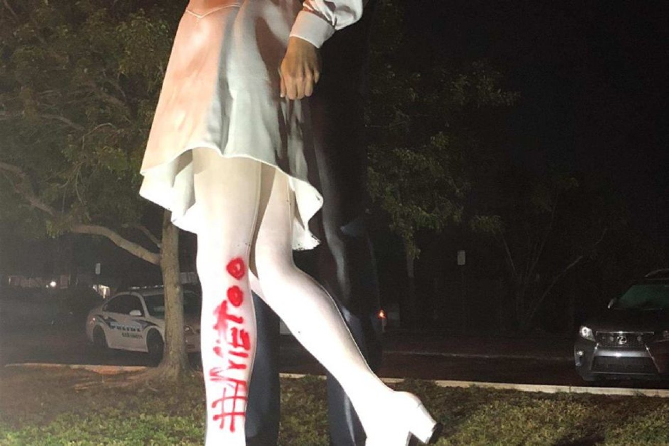 A hashtag used with sexual abuse stories was sprayed on the statue.