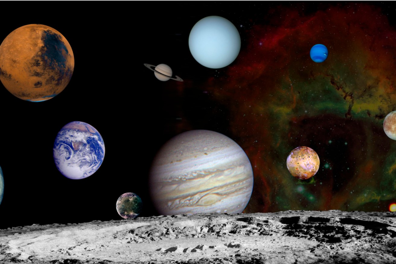 This montage of images taken by the <i>Voyager</i> spacecraft of the planets and four of Jupiter's moons.  
