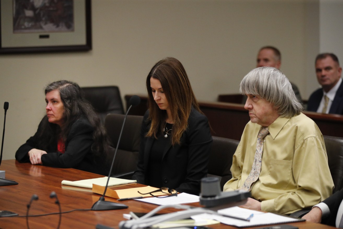 Louise and David Turpin with attorney Allison Lowe (centre) during a courtroom hearing on Saturday (AEDT) in Riverside.