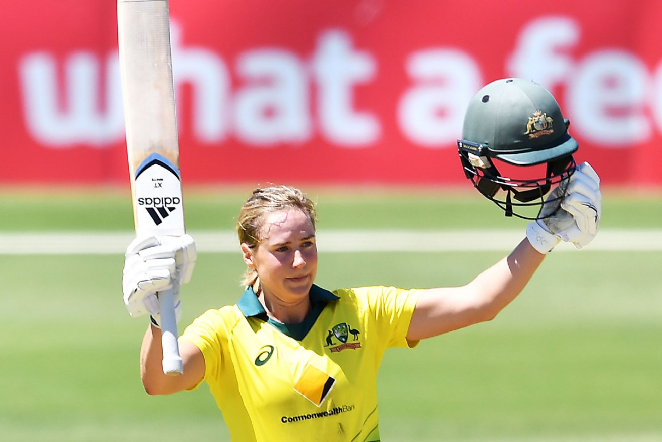 Ellyse Perry enjoys her maiden one-day international century at Karen Rolton Oval in Adelaide on Sunday.
