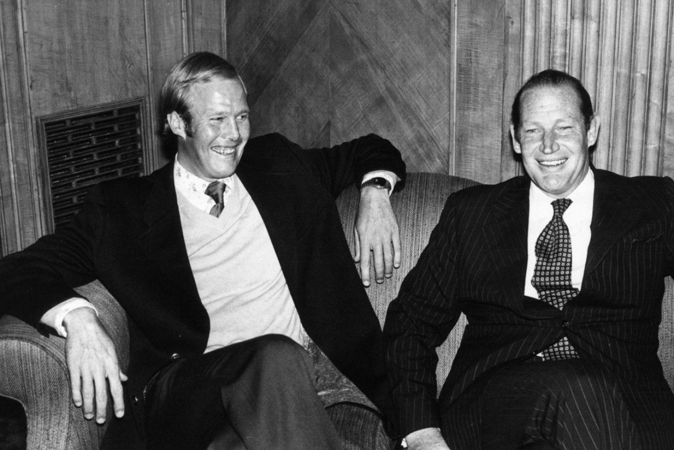 Got him! Then England captain Tony Greig joins Kerry Packer in London, 1977.