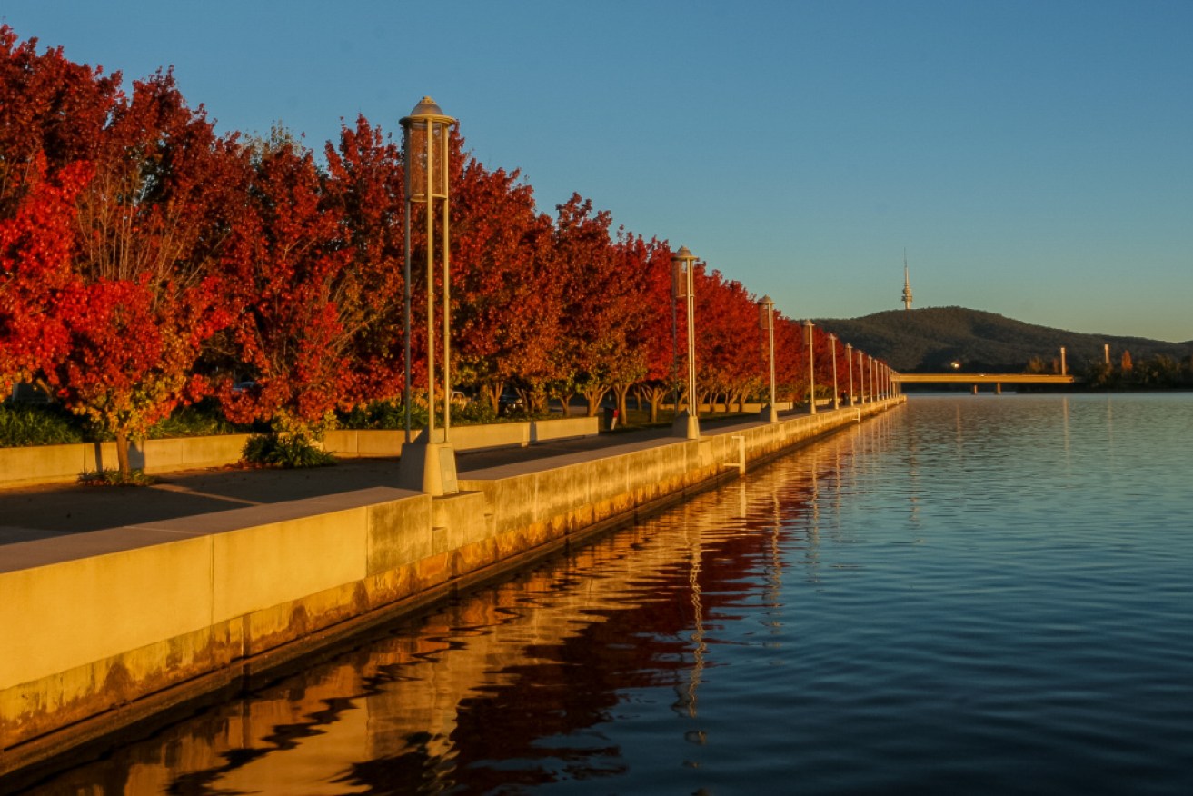 An autumn sunrise on Lake Burley Griffin in Canberra.