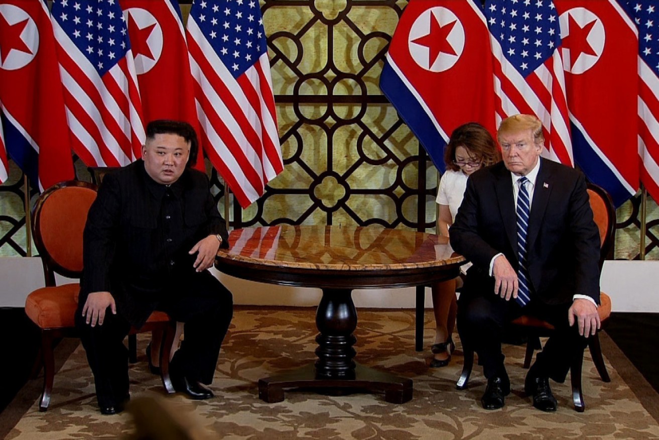 US President Donald Trump and North Korean leader Kim Jong-un during their second summit meeting at the Sofitel Legend Metropole hotel on February 28, 2019 in Hanoi, Vietnam.