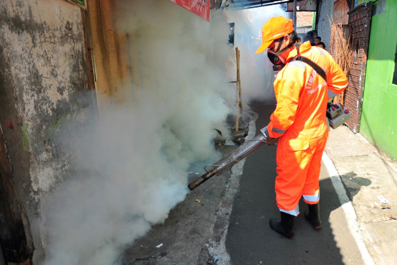 Jakarta health workers fog a street in Jakarta, in July, 2018, to control the spread of dengue fever.