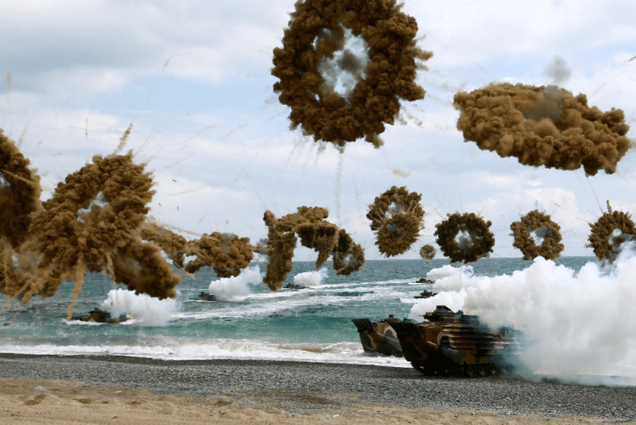 US and South Korean troops storm ashore in a simulated seaborne assault on North Korea in 2018's Foal Eagle exercises.