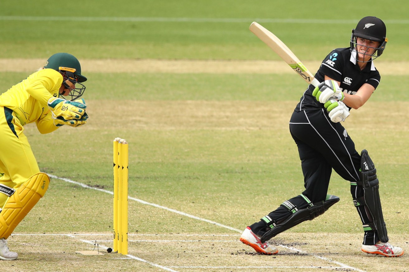 New Zealand's Amy Satterthwaite on her way to 49 as wicketkeeper Alyssa Healy awaits a chance. 