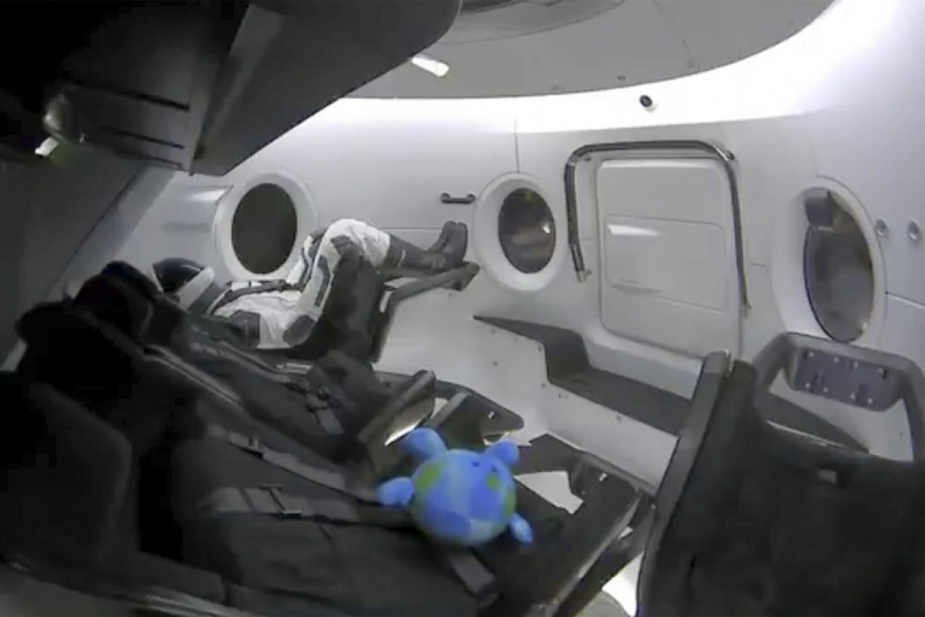 A life-size test dummy along with a toy floats inside the Dragon capsule.